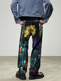 High Street Rainbow Graffiti Straight-Leg Jeans for Men