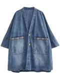 Ladies Stylish Plaid Patchwork Pockets Denim Jacket