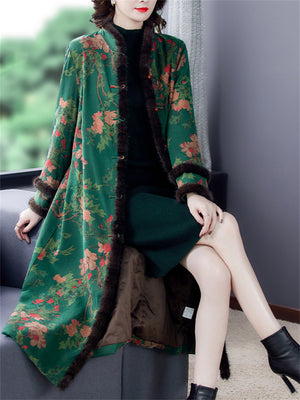 Women's Luxury Faux Fur Stand Collar Button Flower Print Long Coat