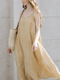 Elegant Apricot V Neck Sleeveless Flowy Tencel Dress for Women