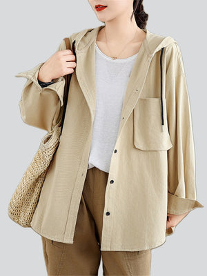 Casual Plain Drawstring Hooded Shirts for Women