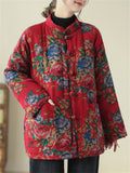 Women's Country Style Stand Collar Rose Print Red Cotton Coat