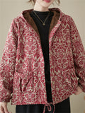 Women's Bohemian Print Button Up Hooded Plush Liner Coat