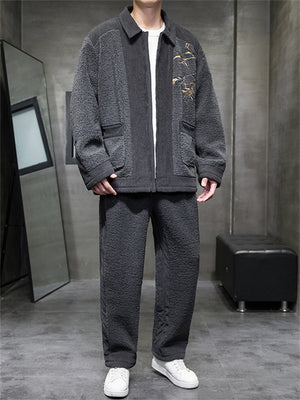 Winter Men's Trendy Embroidery Lamb Wool Casual Jacket Pants Suits