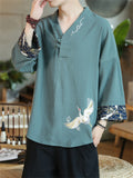 Male Chinese Style Lifelike Crane Embroidery V-neck Shirts