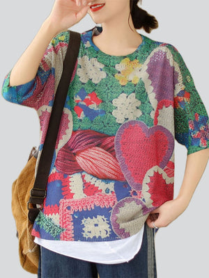 Peach Heart & Flower Print Round Neck Knitted T-shirts for Women