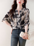 V Neck Tassel Button Floral Print Breathable Shirt for Lady