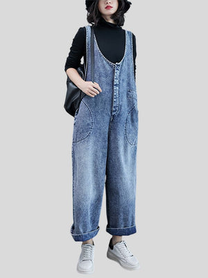 Women's Leisure U Neck Washed Straight Leg Denim Overalls