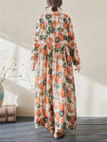 Orange Green Leaf Print Spring Loose Dress for Women