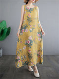 Chinese Rose Print Retro Yellow Tank Dress for Women