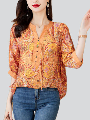 Retro Orange Paisley Print V Neck Half Sleeve Shirt for Women
