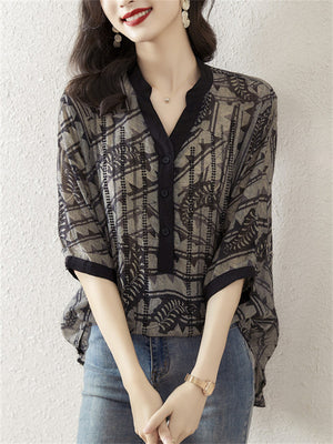 Women's Elegant V-Neck Printed Button Trim Loose Shirts