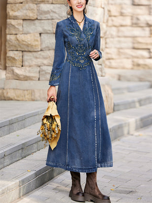 Ladies Vintage Embroidery V-Neck Side Slit Denim Dress