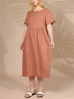 Gentle Solid Colour Pleated Linen Dress for Women