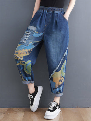 Trend Abstract Print High Rise Ripped Ladies Blue Jeans