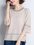 Women's Leisure Round Neck Hollow Out 3/4 Sleeve Shirt