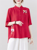 Women's Flowers Embroidered Stand-up Collar Half Sleeve Shirt