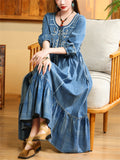 Ladies Elegant Scoop Neck High-Rise Ruffled Hem Denim Dress