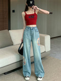 Female Stylish Chinese Style Embroidered Denim Trousers