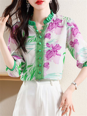 Graceful Pleated Stand Collar Faux Silk Shirt for Ladies