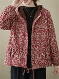 Women's Bohemian Print Button Up Hooded Plush Liner Coat