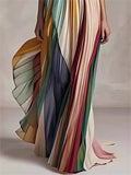 Colorful Stripe Pleated Off Shoulder Flowy Long Dress for Lady