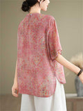 Chinese Style Linen Floral Print Round Neck Shirt for Lady