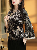 Flower Printed Lace Hem Velvet Shirt for Women