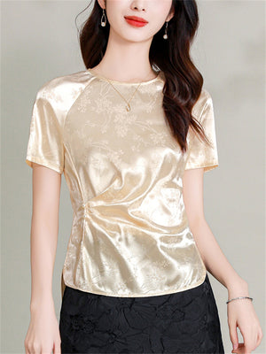 Women's Smooth Slim Fit Pleated Waist Elegant Jacquard Shirt