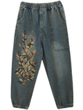 Women's Casual Plant Embroidery Loose Denim Harem Pants