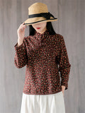 Women's Mini Floral Print Vintage Stand Collar Linen Shirt