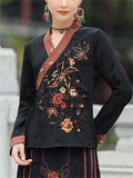 Ethnic Style Flower Embroidery Women's V Neck Lace Up Shirt