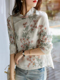 Female Spring Peach Blossom Print Long Sleeve Shirt