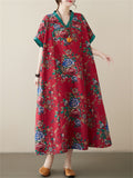Women's Casual Rose Print V Neck Short Sleeve Oversized Dress