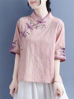 Women's Flower Embroidery Chinese Style Knot Button Stand Collar Shirt