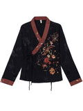 Ethnic Style Flower Embroidery Women's V Neck Lace Up Shirt