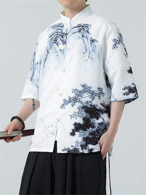 Men's Stylish Stand-up Collar Tang Suit Print Shirt