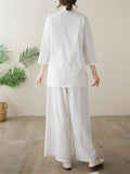 Women's Elegant Cozy Solid Color Stand Collar Shirt + Wide Leg Pants