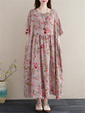 Women's Peach Blossom Print Round Neck Half Sleeve Cotton Dress