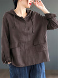 Plain Cotton Linen Long Sleeve Hooded Shirt for Women