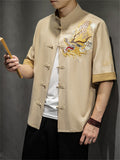 Chinese Style Hanfu Men's Golden Dragon Embroidery Knot Button Shirt