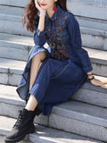 Female Lapel Embroidered Vintage A-line Denim Dress