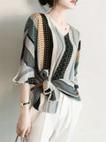 Women's Irregular Patchwork Color Print V-Neck Flared Sleeve Shirt