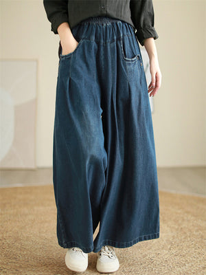 Women's Chic Washed Effect Wide Leg Denim Pants