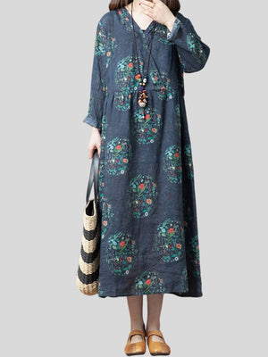 Vintage Relaxed V-neck Floral Dresses for Women