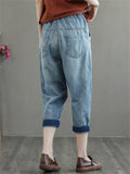 Fish Embroidery Cozy Fit Denim Cropped Pants for Women