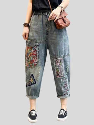 Female Ethnic Style Embroidery Patch Elastic Waist Denim Pants