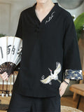 Male Chinese Style Lifelike Crane Embroidery V-neck Shirts