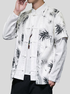 Male Bamboo Leaf Print Vintage Fake Two-piece Shirt