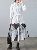 Ladies Printed Splicing Lace-Up Mid-Length Dress